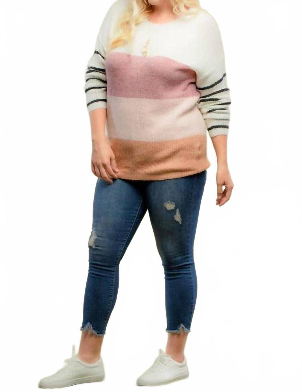 NEW DOE AND RAE blocked color sweater top with striped sleeve in multi